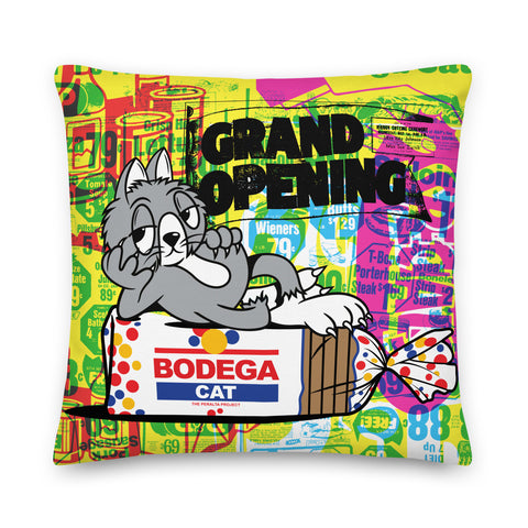 BODEGA CAT (GRAND OPENING) 18X18 PILLOW